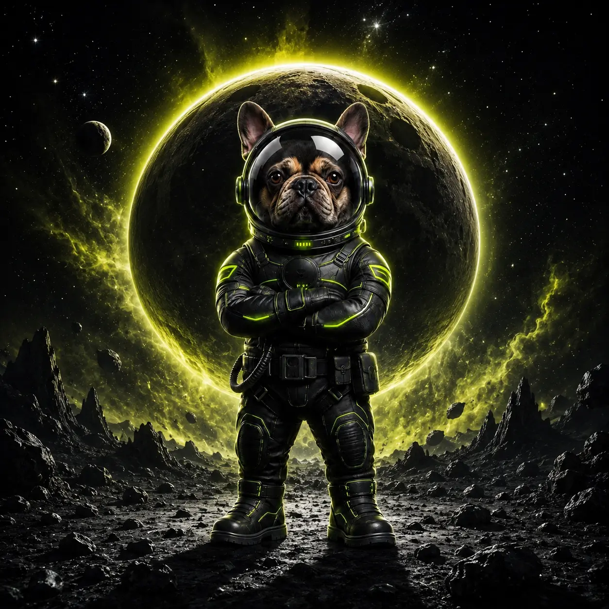 MoonAlpha mascot: a French Bulldog astronaut in a silver and neon-lime space suit holding a glowing moon