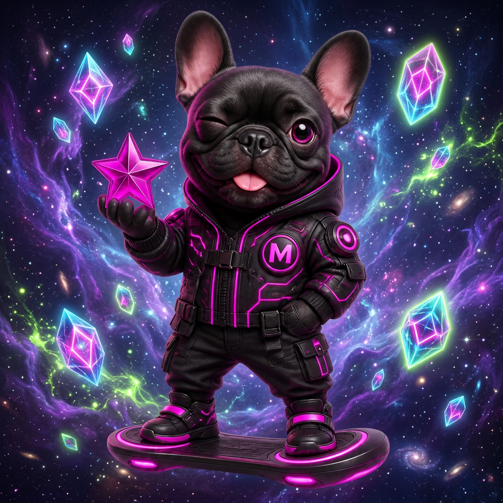 MoonAlpha cyber frenchie floating in a purple nebula among glowing energy crystals