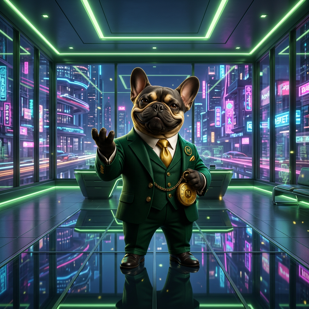 MoonAlpha boss frenchie in a luxury futuristic office overlooking a neon city