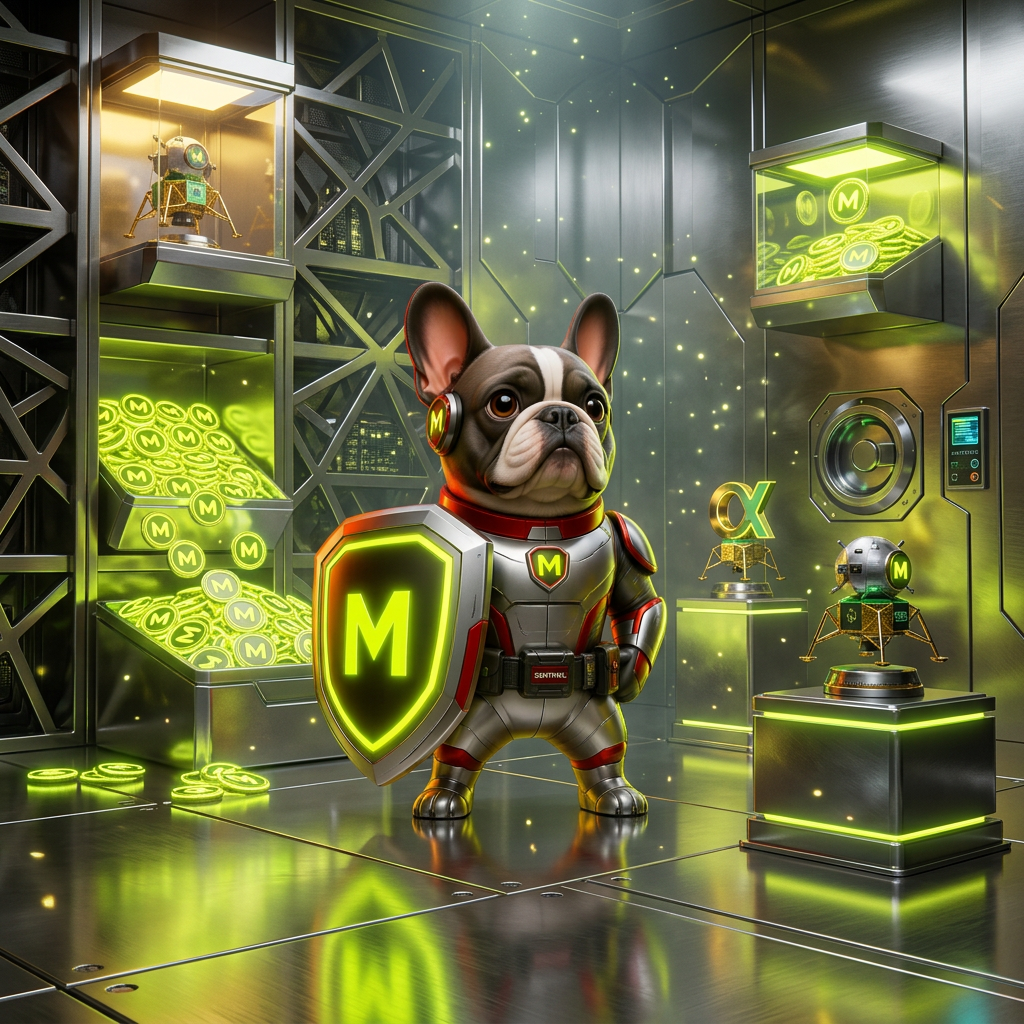 MoonAlpha sentinel mascot: a French Bulldog in silver and red armor holding a glowing neon M shield