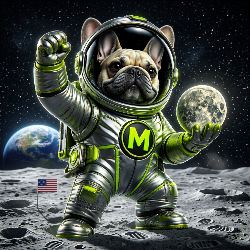 MoonAlpha astronaut frenchie standing on the Moon with Earth rising behind him