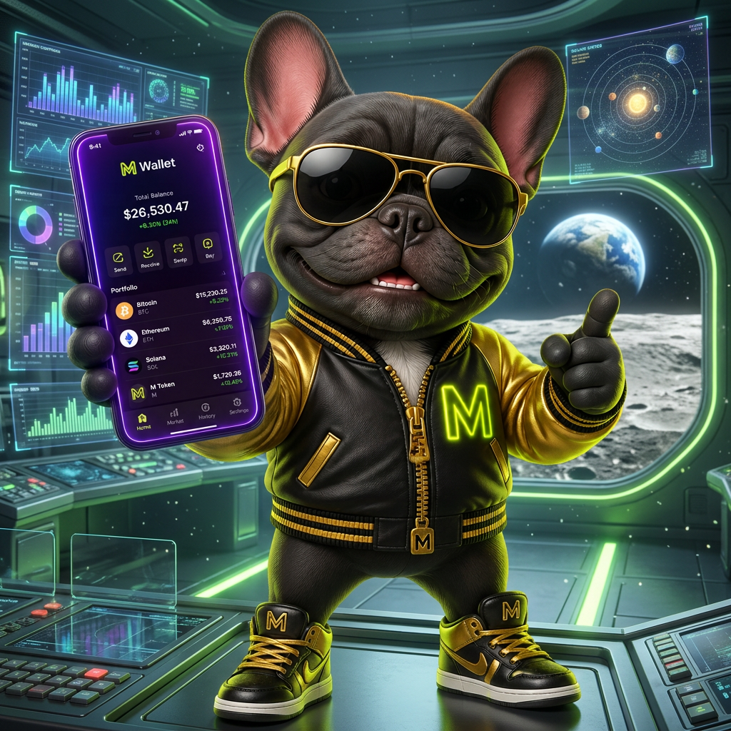 MoonAlpha guide mascot in a gold bomber jacket holding a crypto wallet app inside a futuristic mission-control room
