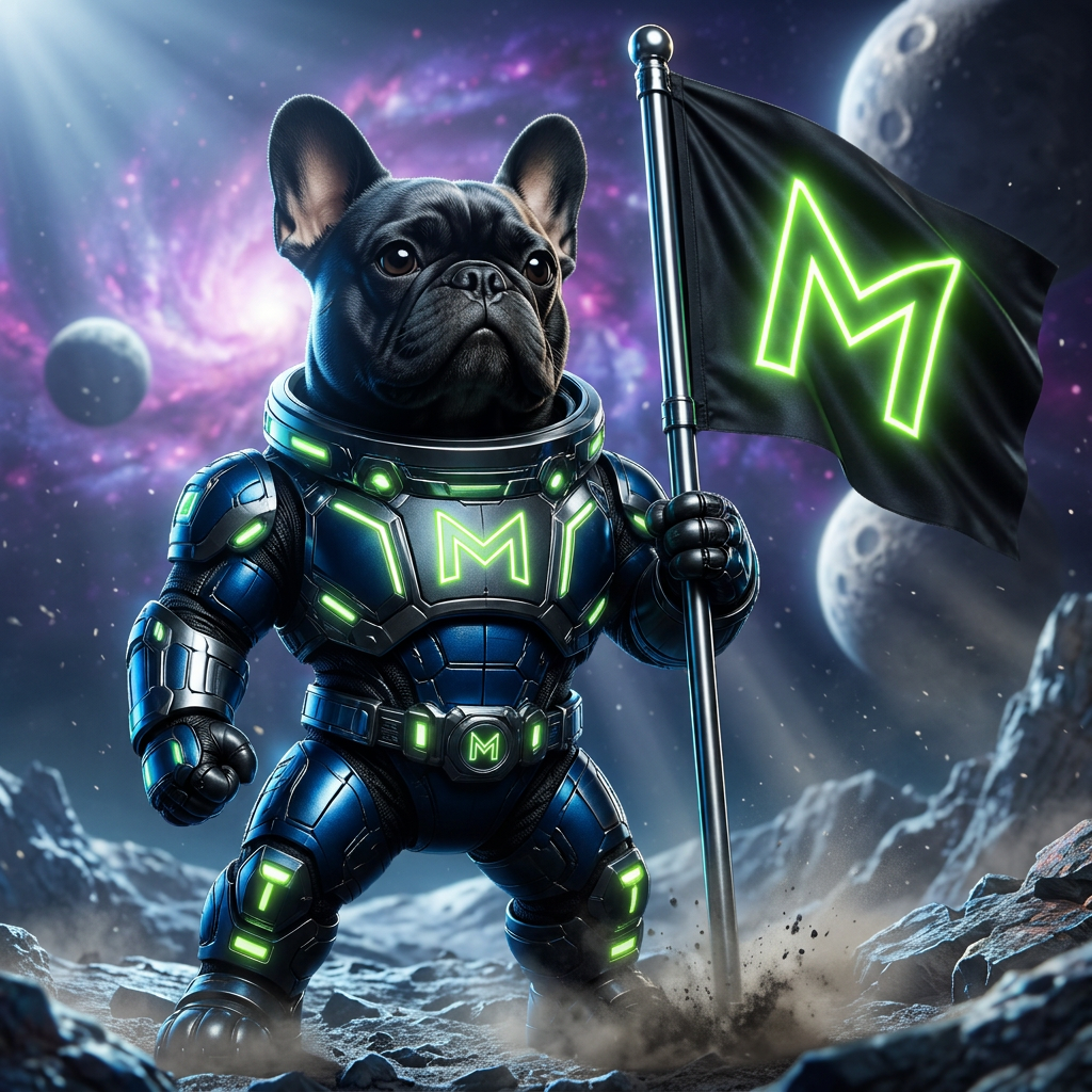 MoonAlpha frenchie in blue space armor planting the neon M flag on an alien moon ridge