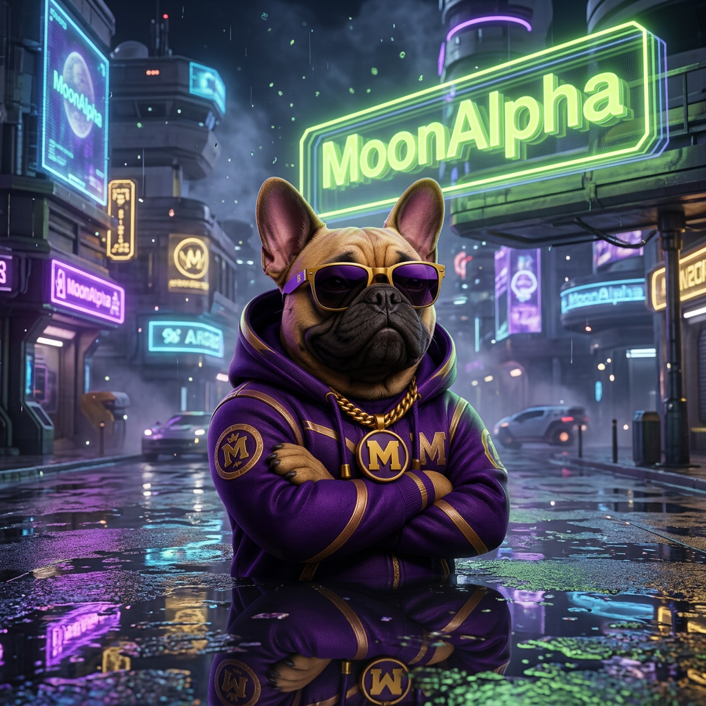 MoonAlpha street mascot: a French Bulldog in a purple and gold hoodie on a rain-slick neon moon-colony street
