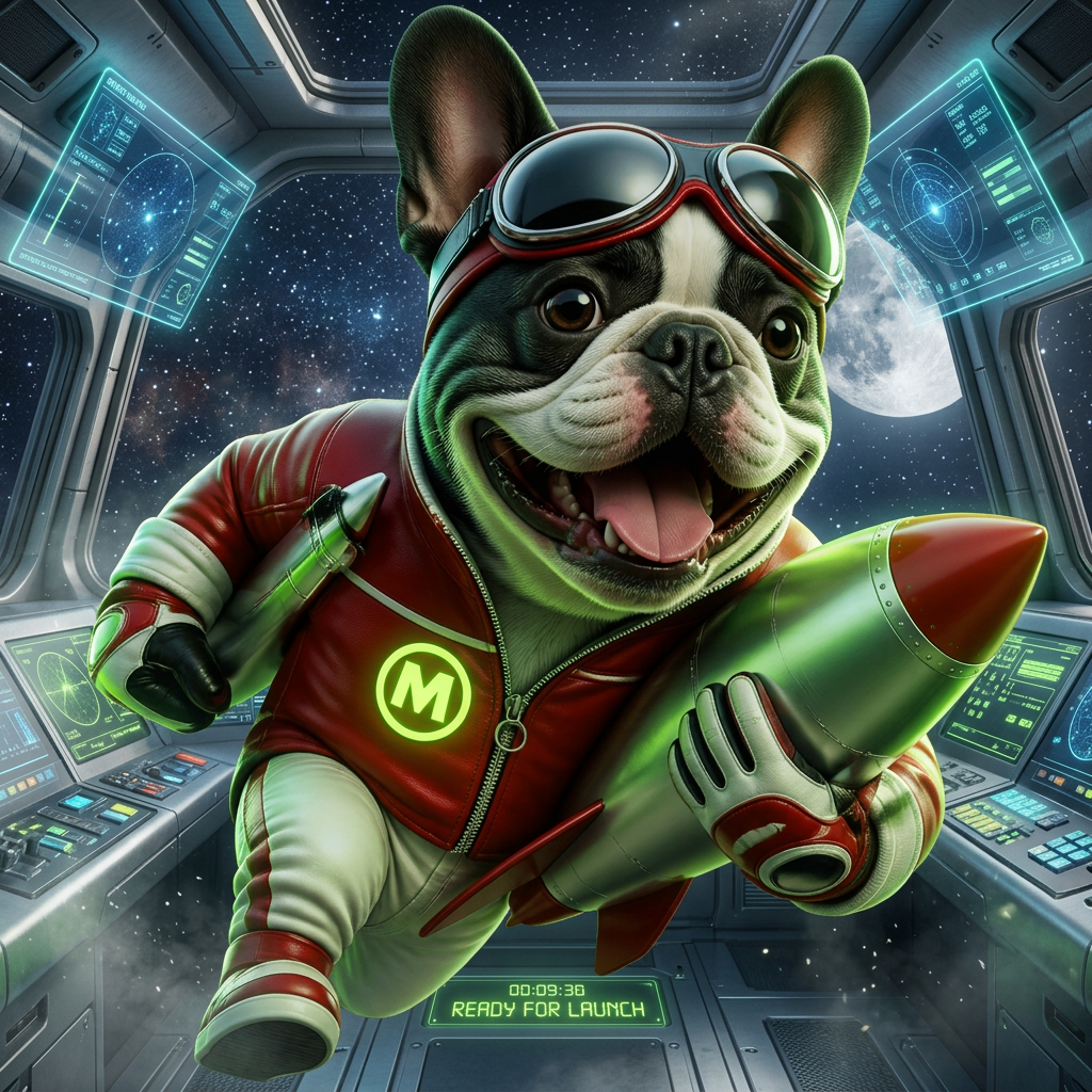 MoonAlpha pilot frenchie inside a futuristic spaceship cockpit ready for launch