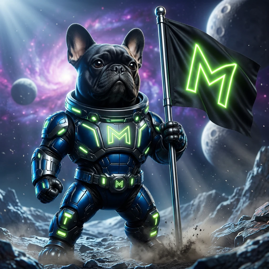 MoonAlpha frenchie in blue space armor planting the neon M flag on an alien moon ridge