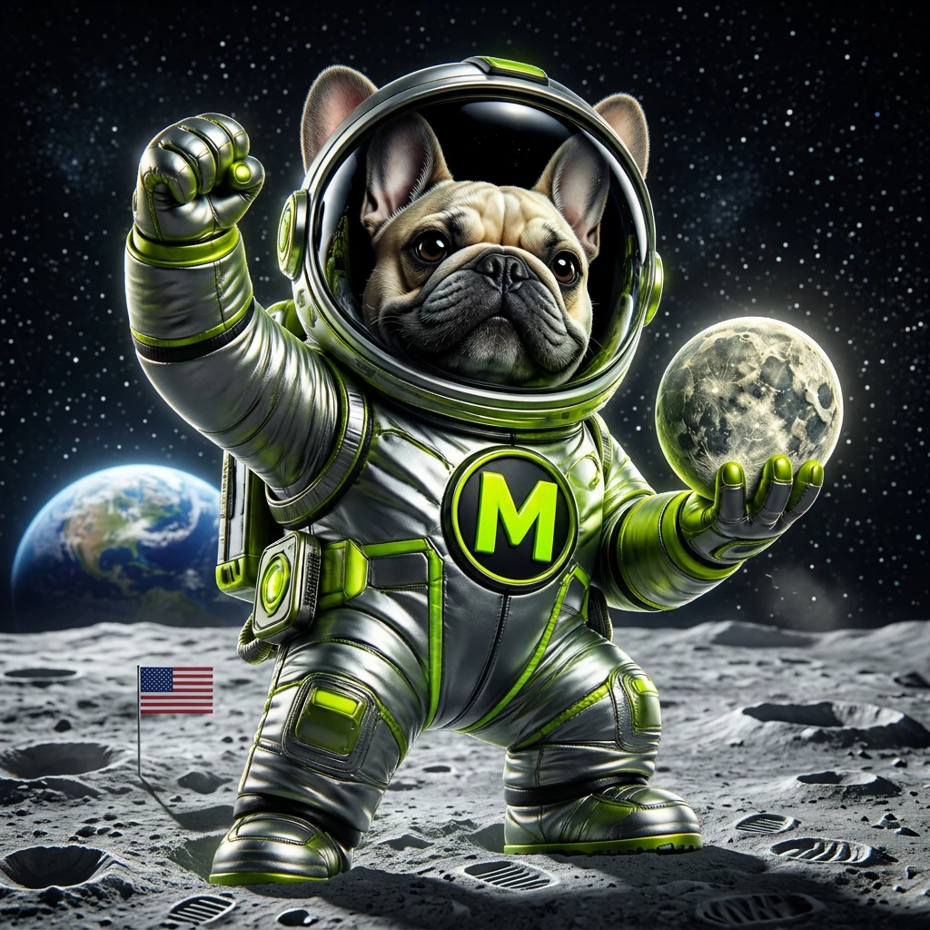 MoonAlpha astronaut frenchie standing on the Moon with Earth rising behind him