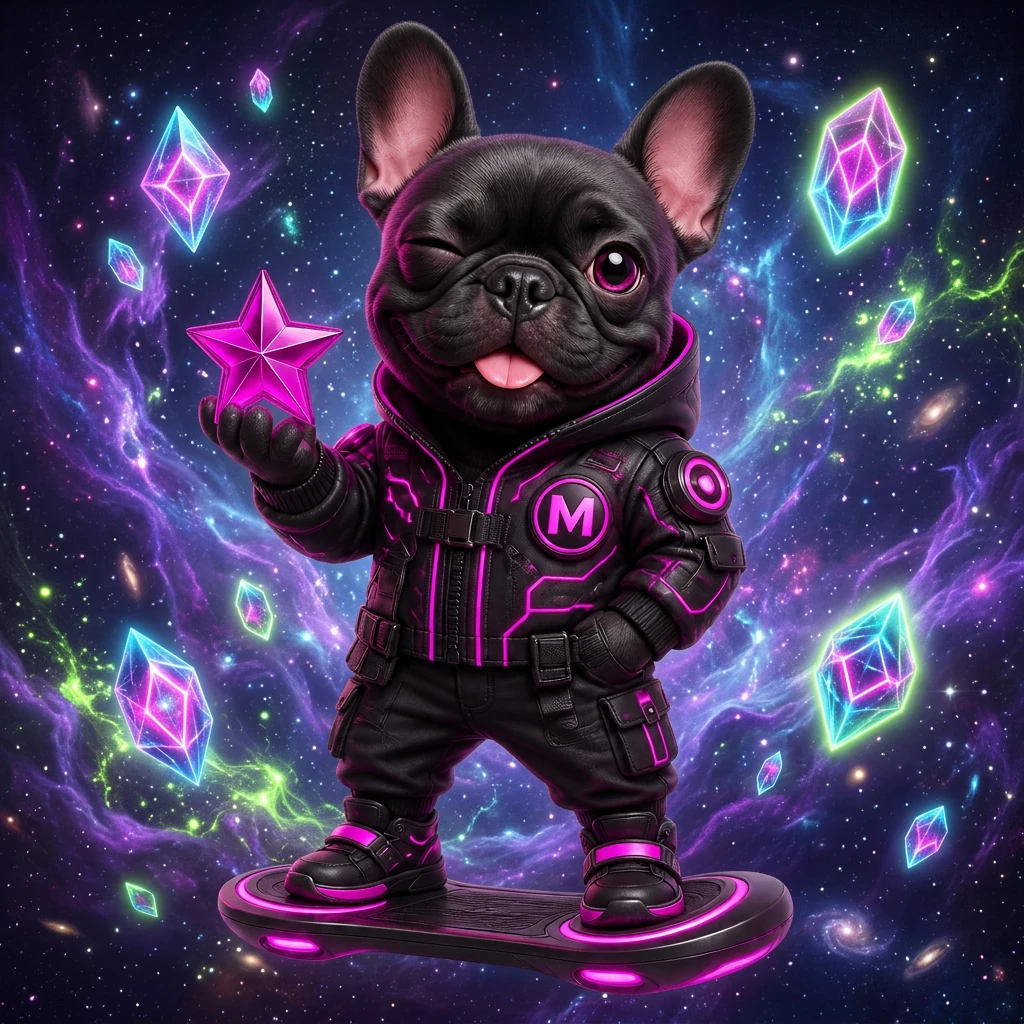 MoonAlpha cyber frenchie floating in a purple nebula among glowing energy crystals